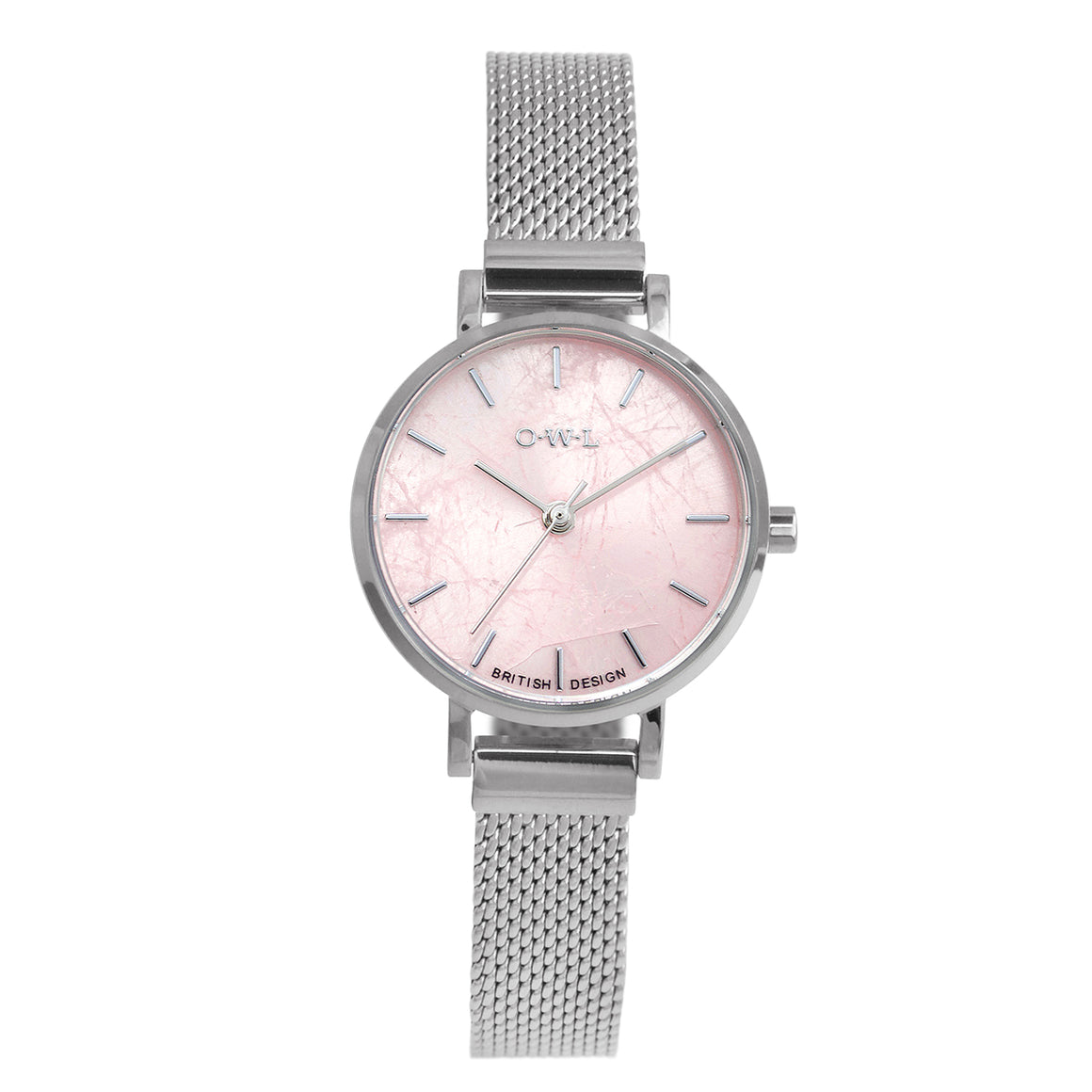 Amesbury Silver mesh watch with a genuine Rose Quartz Dial - OWL watches