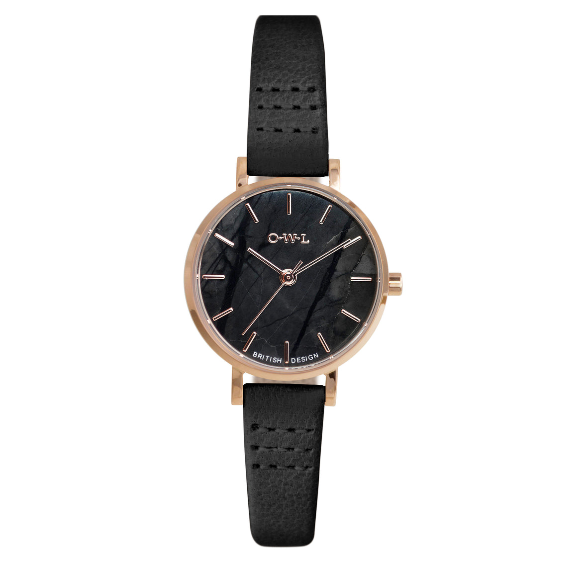 AMESBURY LADIES WATCH WITH PICASSO JASPER NATURAL STONE DIAL, ROSE GOLD CASE & BLACK LEATHER STRAP