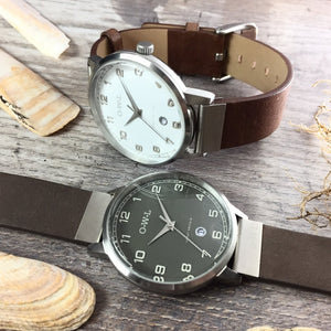 BRANCASTER STEEL & WHITE DIAL & NATURAL LEATHER STRAP WATCH - OWL watches