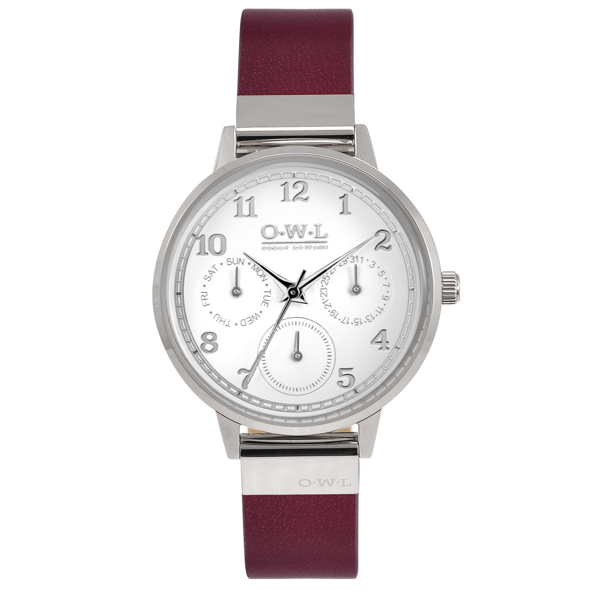 HELMSLEY WATCH WITH POLISHED SILVER CASE, WHITE MULTI-DIAL FACE & DEEP RED LEATHER STRAP