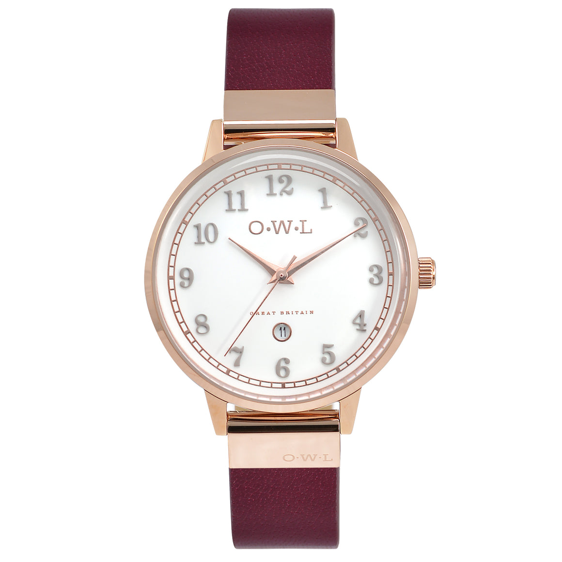 Sutton Ladies Analogue Watch with Rose Gold Case, White Dial, and Deep Red Burgundy Leather Strap