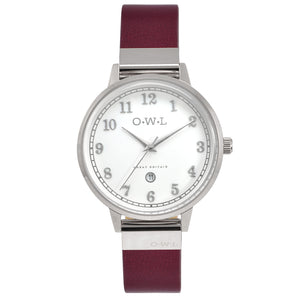 SUTTON LADIES WATCH WITH WHITE DIAL ON A POLISHED SILVER CASE & DEEP RED LEATHER STRAP