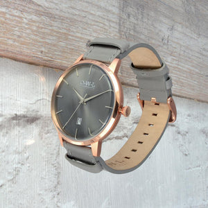 WALLOP GENTLEMAN'S ROSE GOLD & LIGHT GREY LEATHER STRAP WATCH - OWL watches